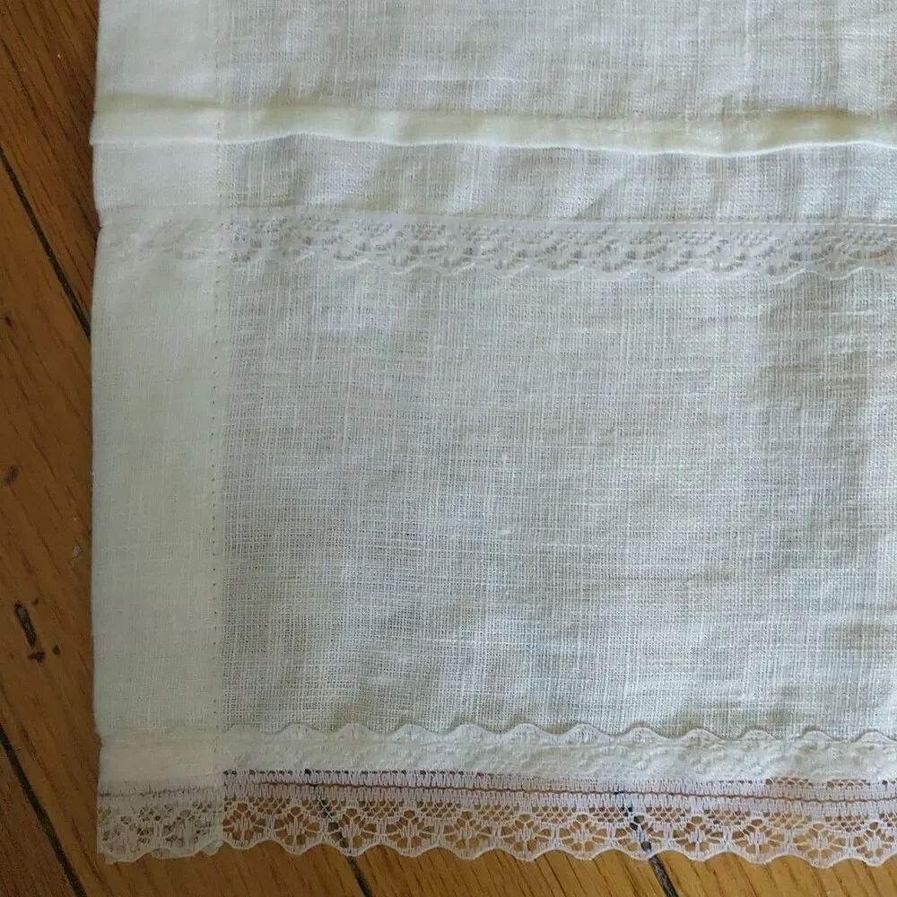 Vtg Panels Linen Curtains Ivory  Ecru Lace Tims Pair 50x30